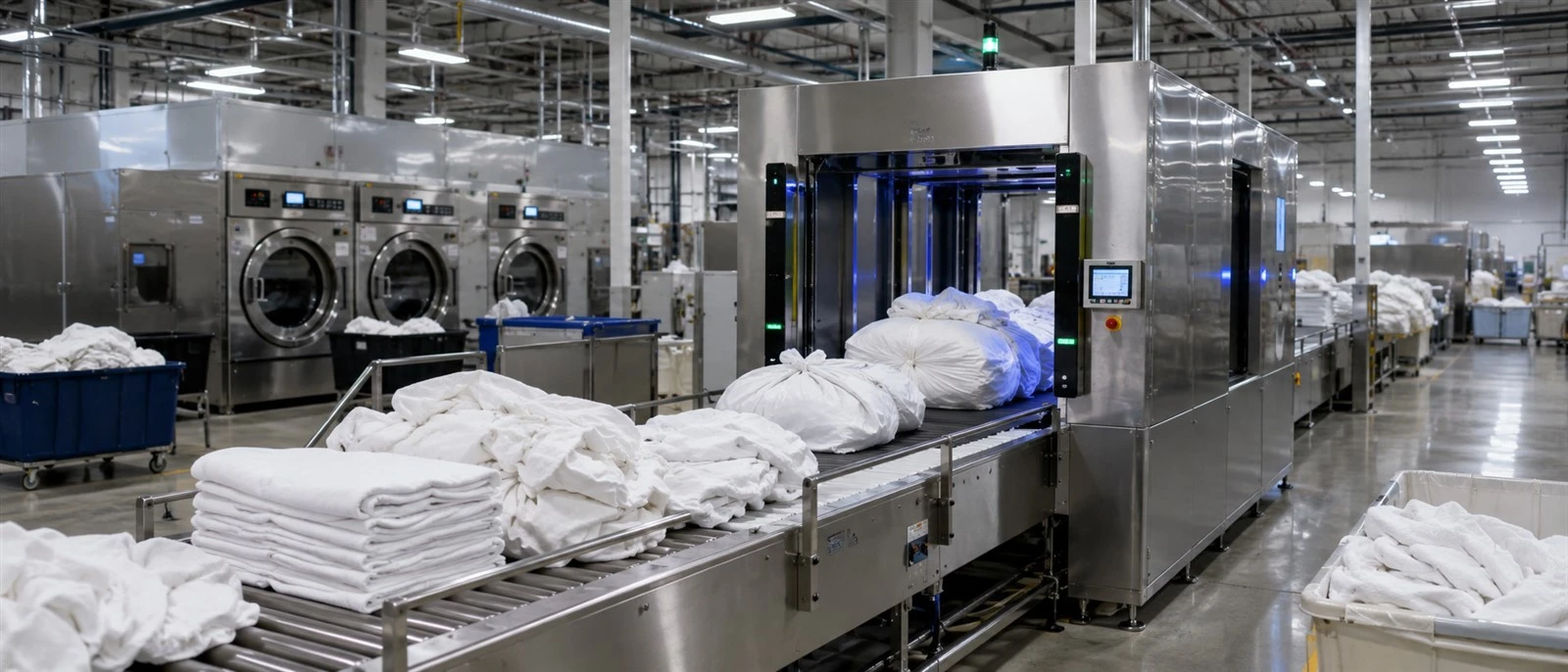 Automated stainless steel RFID laundry scanner tunnel and conveyor system processing bulk textile inventory inside commercial laundry. Automated stainless steel RFID laundry scanner tunnel and conveyor system processing bulk textile inventory inside commercial laundry.